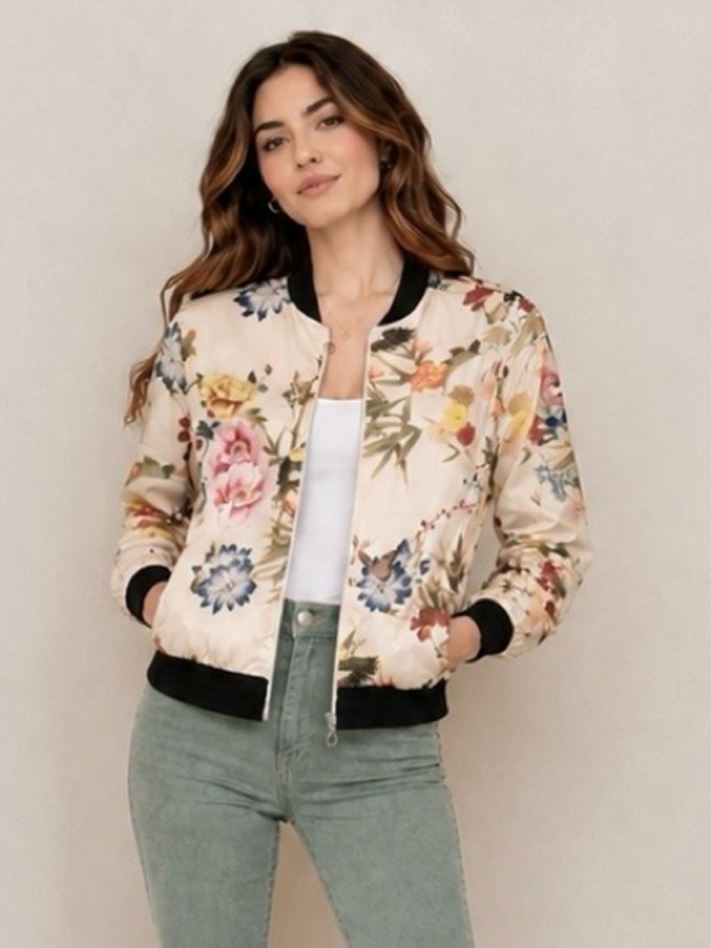 Bagatelle Floral Bomber Jacket – Cream Botanical Print with Black Trim